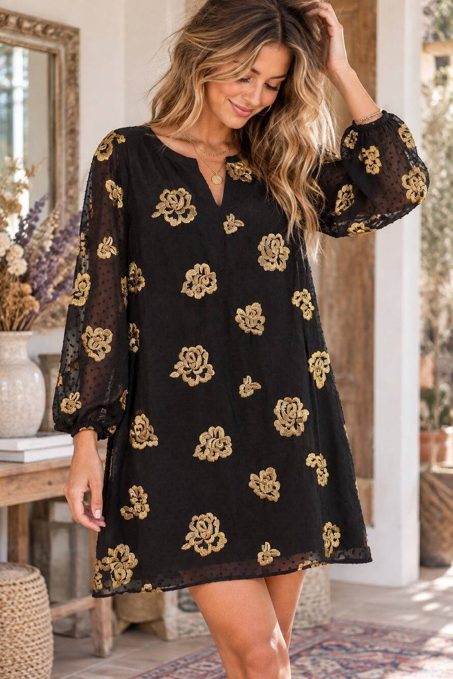 Cabi Black Gold Embroidered Floral Boho Dress Size M